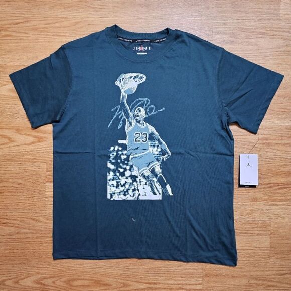 Air Jordan Sport Tee T-Shirt MJ Poster Logo Midnight Spruce Medium M Blue White - Picture 1 of 9
